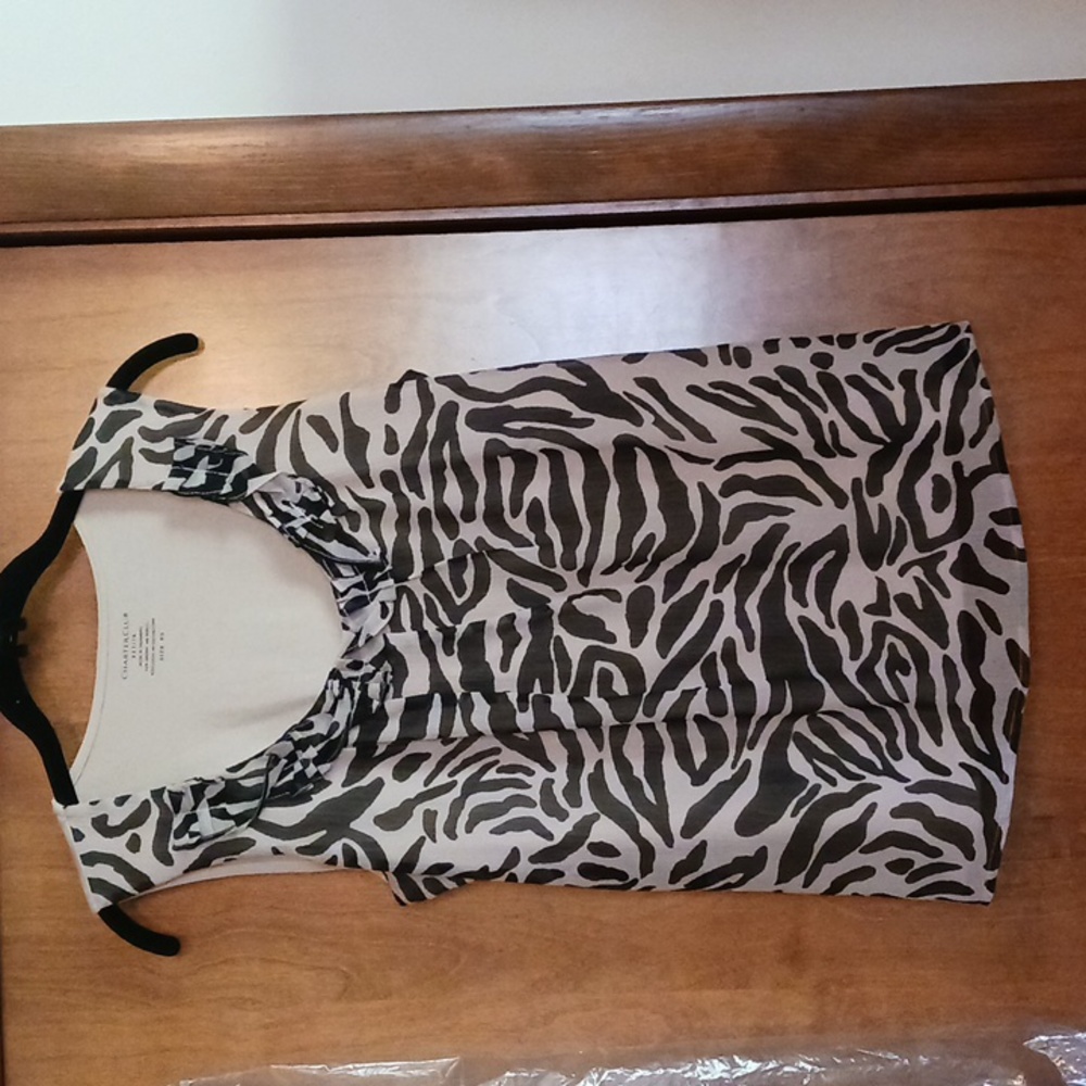 Women's top by Charter Club, size P/S, light tan w/black overlay animal print.